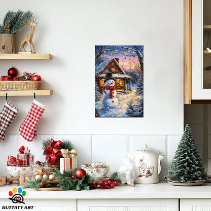 GUTTATY Christmas Canvas Wall Art, Cute Snowman Canvas Wall Decor, Shine Canvas Pictures Wall Decor, Lighted House Wall Art Decor for Living Room, Bedroom, Office Art Decor 18x24 Inch
