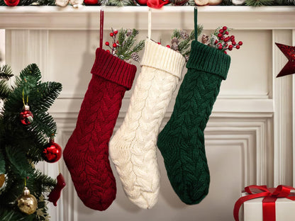 Fesciory 18 Inches Christmas Stockings Bulk, 6 Pack Large Size Cable Knitted Fireplace Hanging Stockings for Family Holiday Xmas Party Decorations, Burgundy&Ivory White&Green