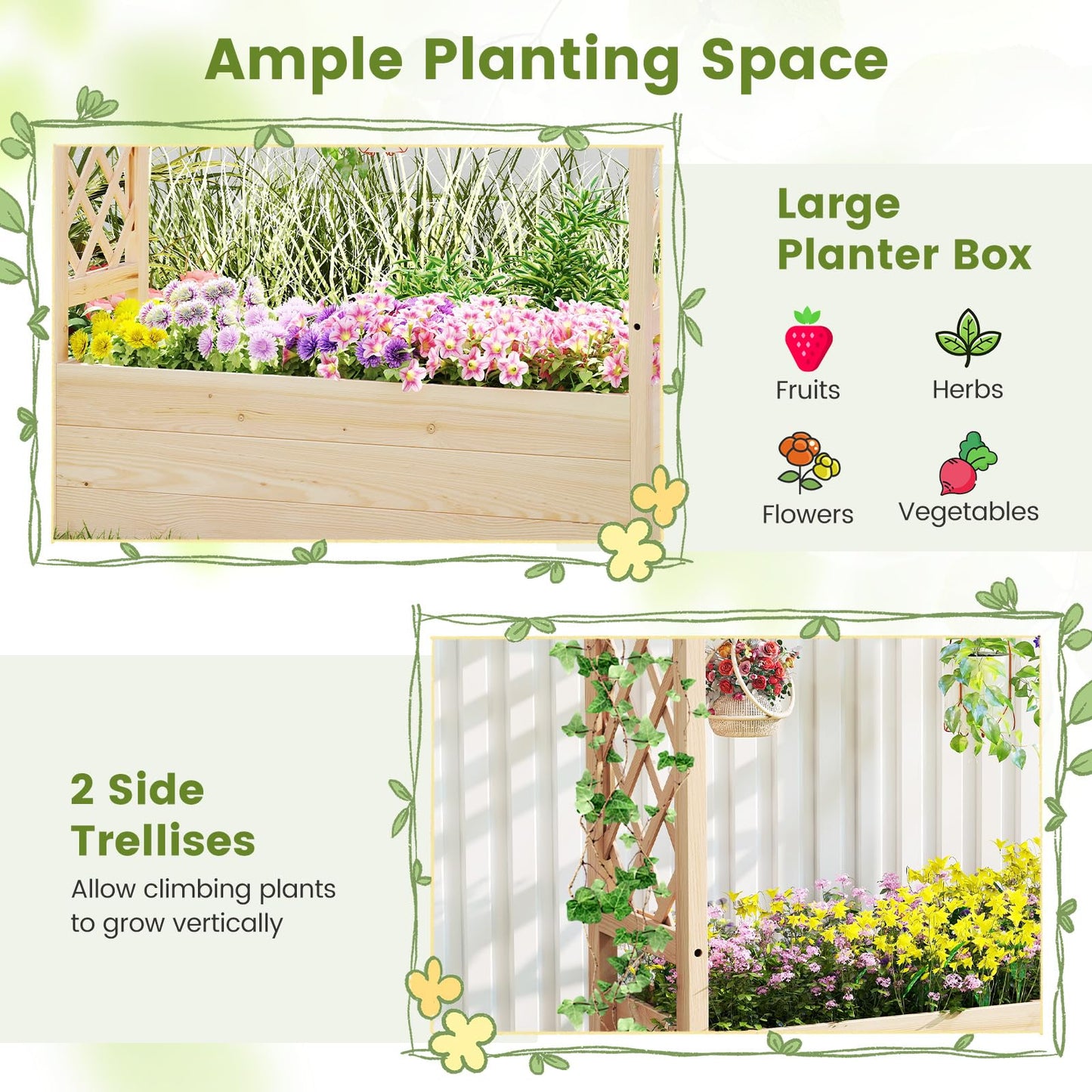 Giantex Raised Garden Bed with Sided Trellis & Hanging Roof, Wood Planter Box, Freestanding Garden Planter Raised Bed for Flowers Herbs Climbing Vines 45”x16”x41” (L x W x H)