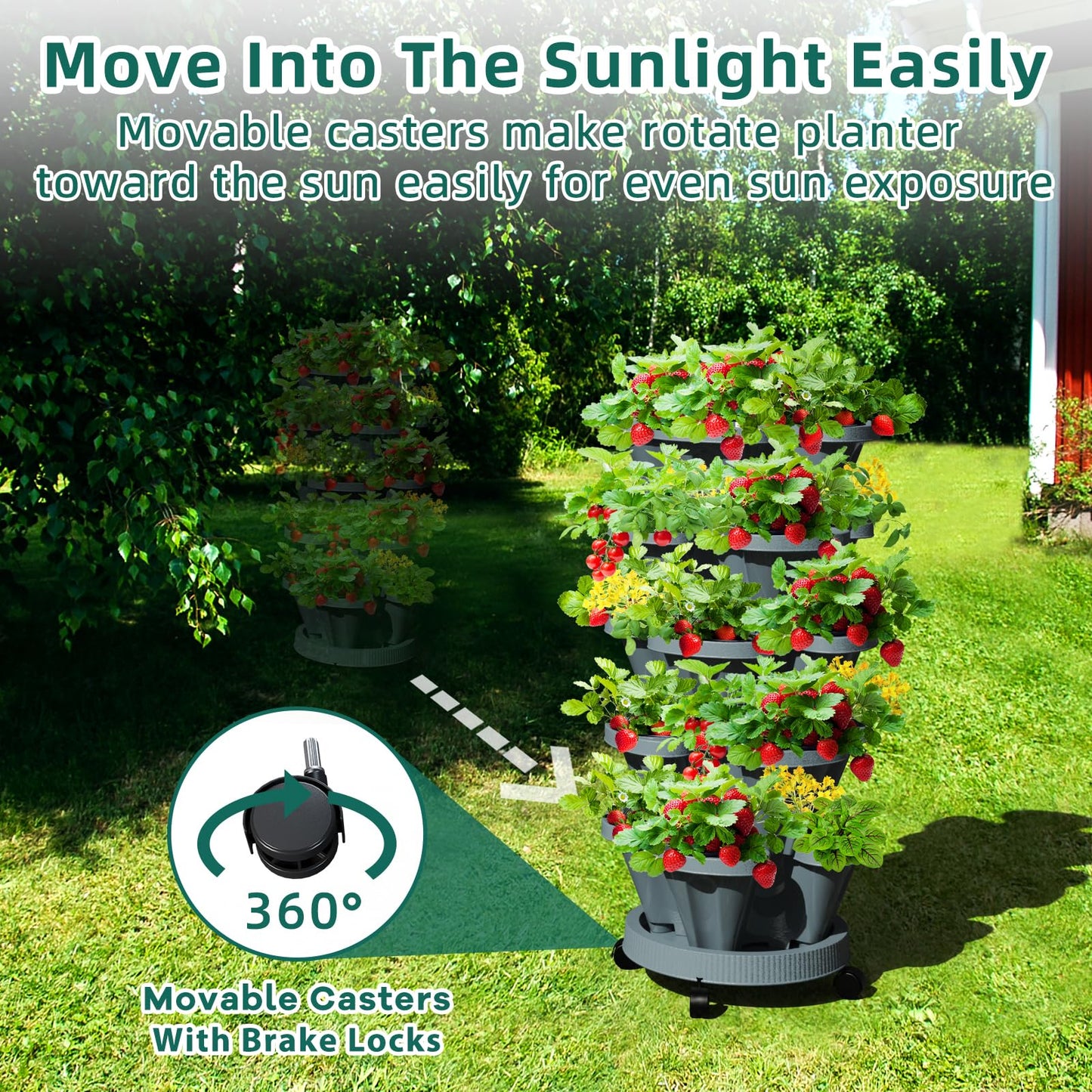 Tectsia Strawberry Vertical Planter Tower Garden, 7 Tiered Stackable Planter Herb Garden Planter with Movable Casters and Bottom Saucer Indoor and Outdoor - Dark Grey