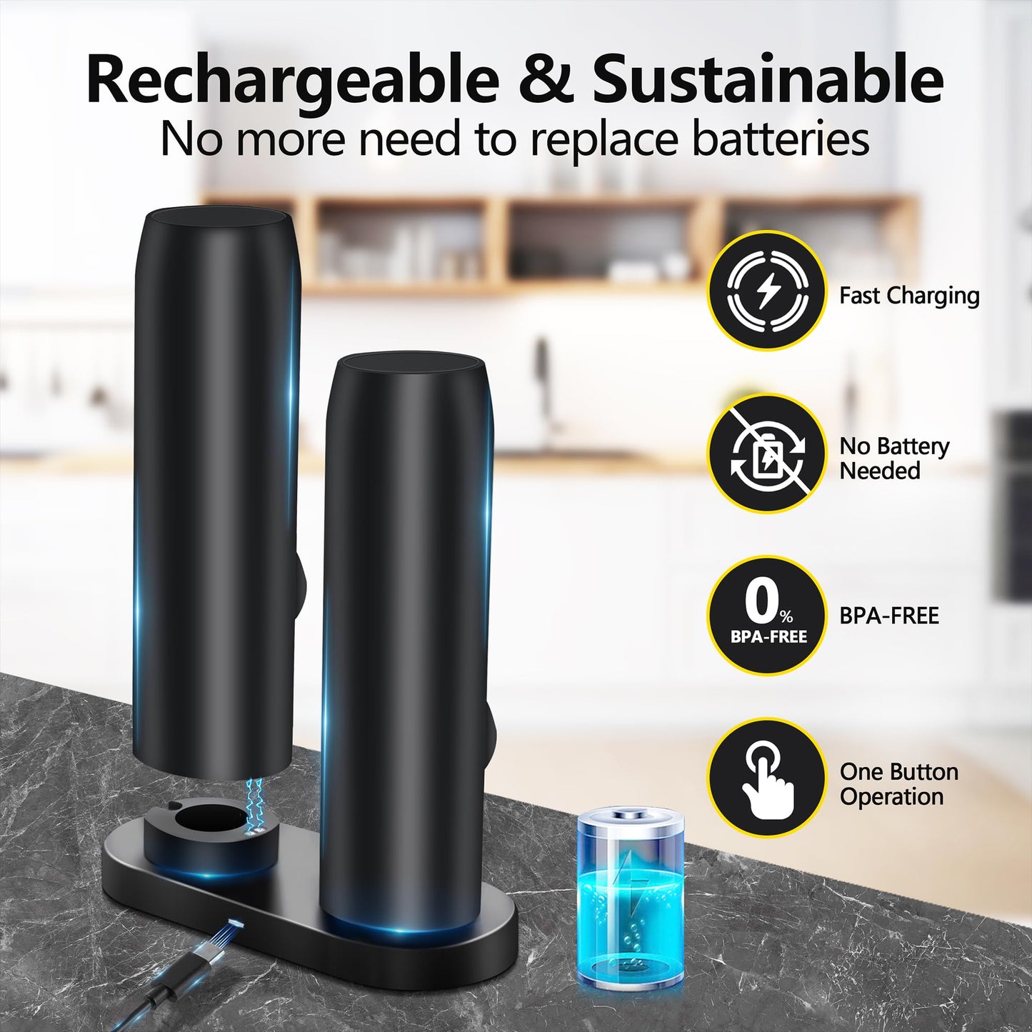 Electric Salt and Pepper Grinder Set, Rechargeable Pepper Grinder with Charger Tray, USB Cable, One Hand Operation, Adjustable Coarseness with Ceramic Grinder (Set of 2,Black)