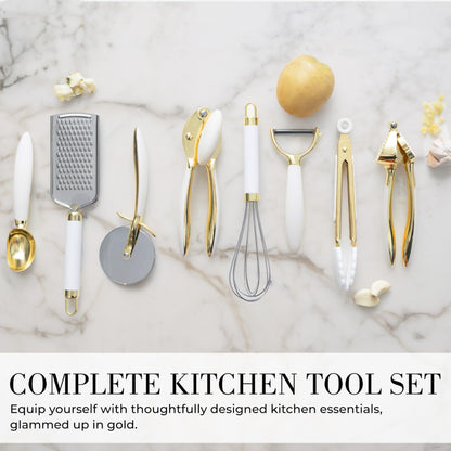 White & Gold Cooking Utensils Set - Luxe 8-Piece Kitchen Gadget Set Includes Can Opener, Tongs and Garlic Press - Stylish White and Gold Kitchen Accessories for Modern Kitchens, Ideal for Gifting