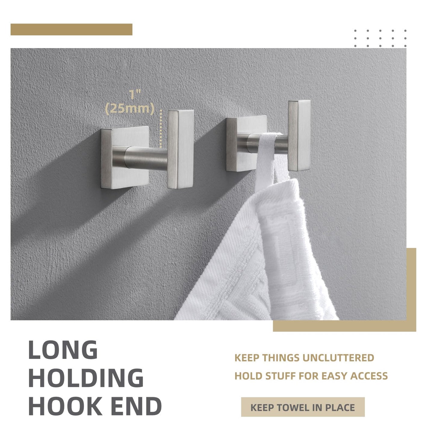 Angle Simple Towel Hooks for Bathroom, SUS304 Stainless Steel Robe Coat Hook Wall Mount, Brushed Nickel, 4 Pack