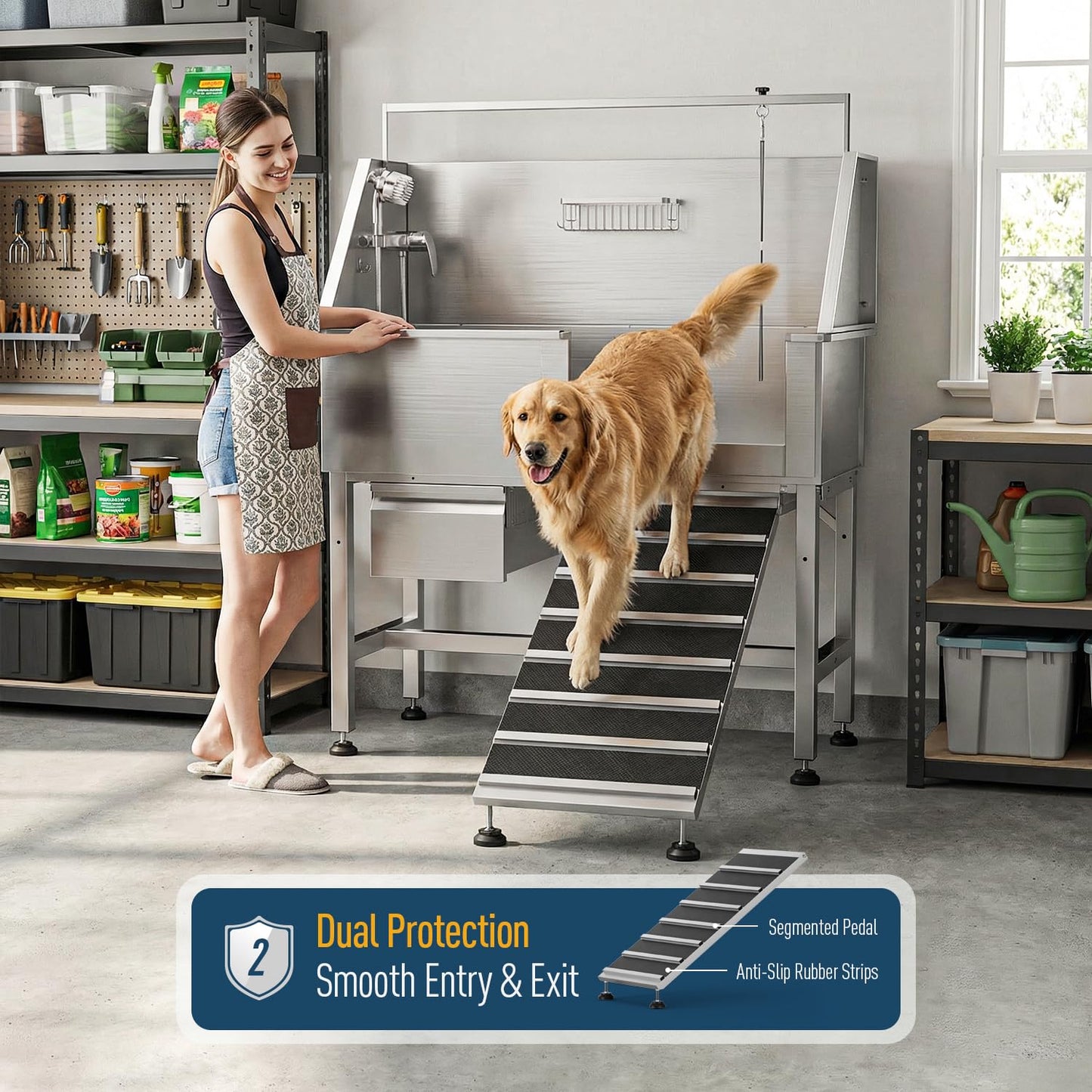 46" Heavy Duty Dog Washing Station - 304 Stainless Steel Pet Bathing Tub with Right Side Ramp, Elevated Grooming Sink with Storage Drawer & Removable Floor Grate, Outdoor Ready for Large & Medium Dogs