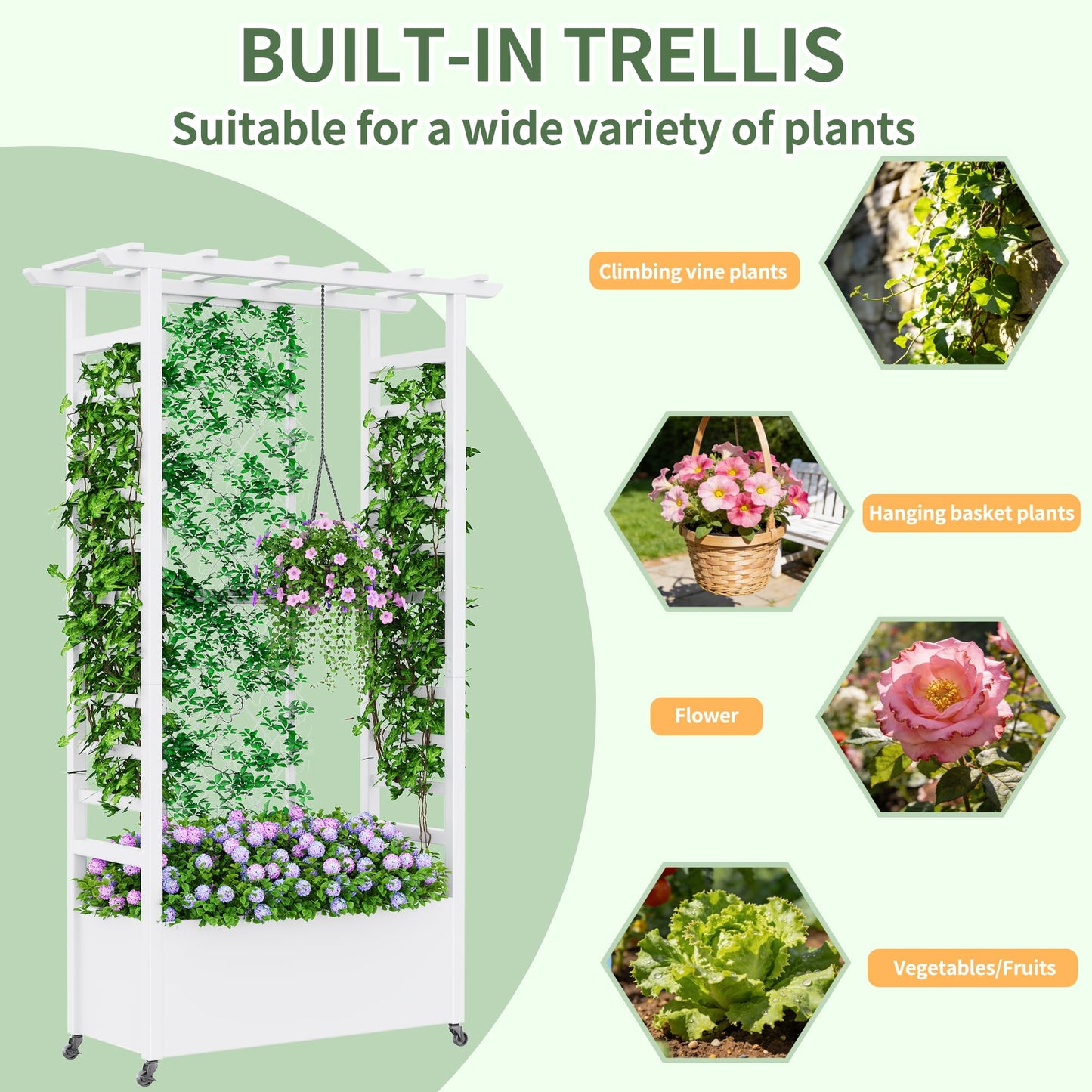 Sunnibety Raised Garden Bed with Trellis & Hanging Roof, Weatherproof Metal Planter Box with Wheels, Garden Arch Trellis for Outdoor Climbing Plants Vines Flowers, 74" H x 44" L x 17" W, White