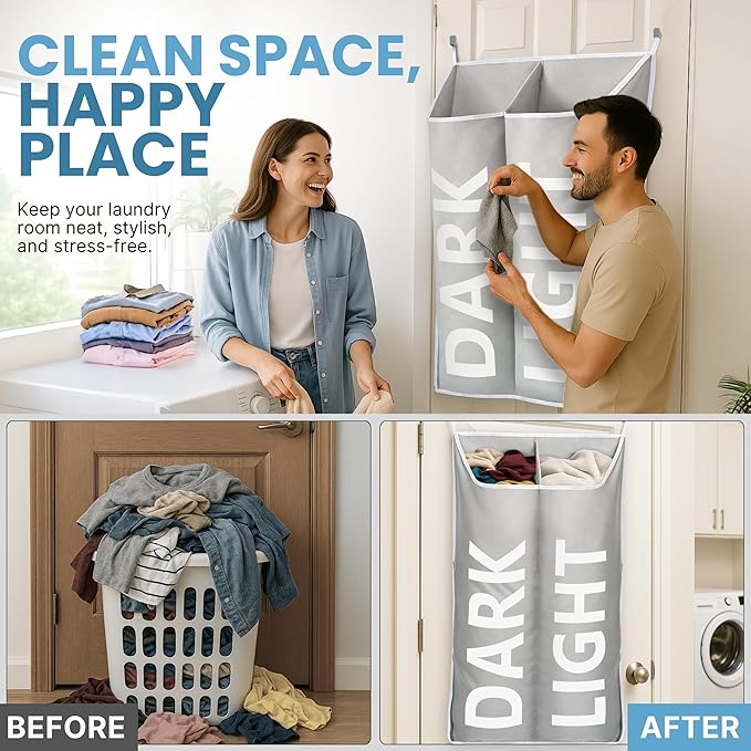 Hanging Laundry Hamper Bag XL 40x22", Space Saving over the Door Storage Bags