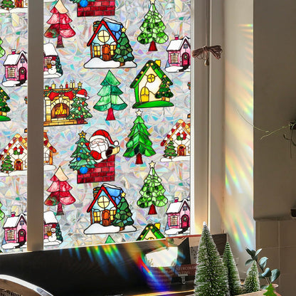 Christmas Tree Window Privacy Film Stained Glass Stickers Christmas Santa Claus Privacy Rainbow Decals Living Room Sun Blocking Decor Xmas Static Cling Stickers for Party Decor 17x 39.3 Inch
