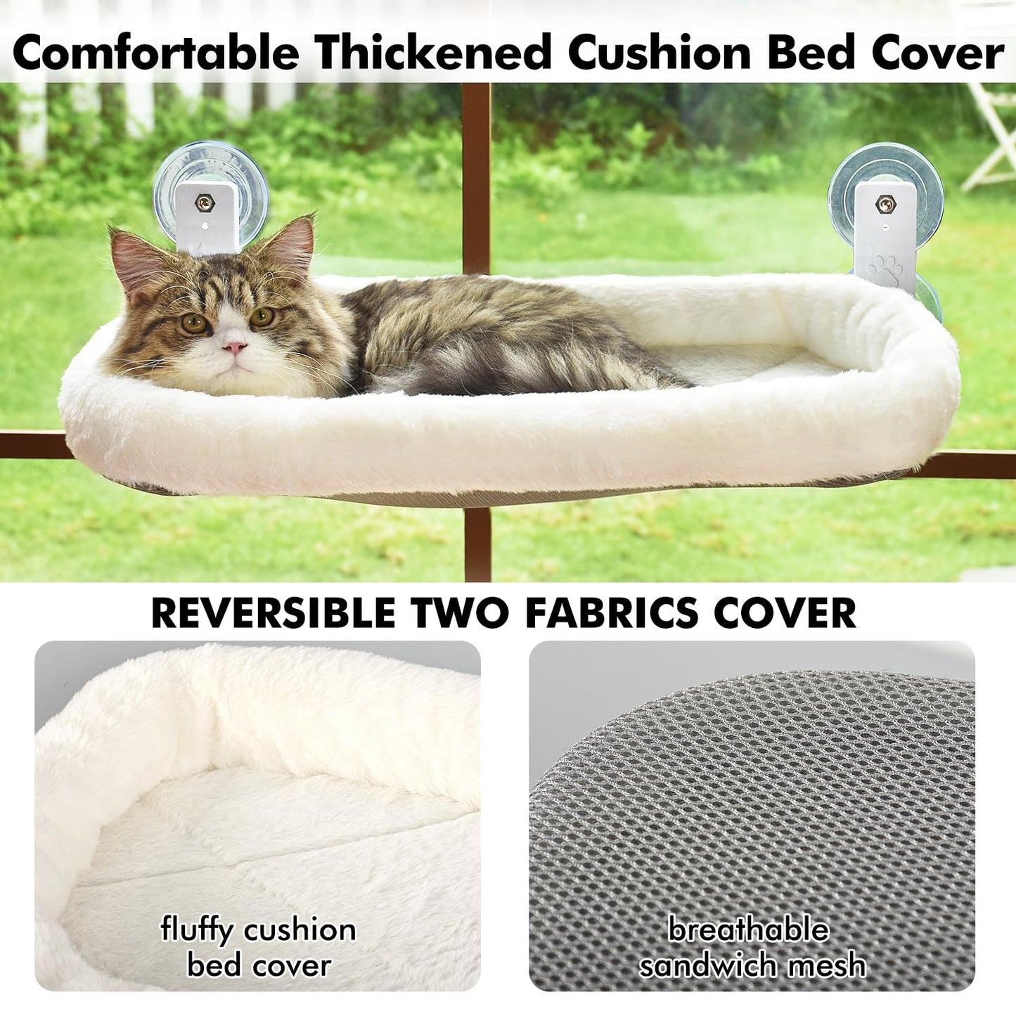 AMOSIJOY Cordless Cat Window Perch, Cat Hammock for Window with 4 Strong Suction Cups, Solid Metal Frame and Soft Cover, Cat Beds for Indoor Cats