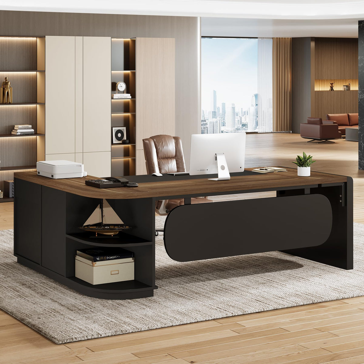 Tribesigns 80'' L-Shaped Desk, Large Executive Office Desk with 55'' Drawers Cabinet, Modern Commercial Office Table with Storage Shelves, Business Furniture for Home Office, Brown & Black