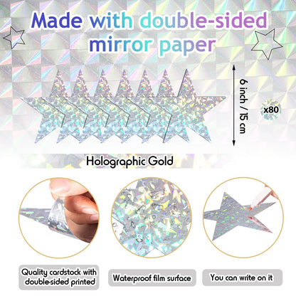 Leinuosen 80 Pieces Stars Cutouts Glitter Double Printed Paper Cardboard Stars Decorations for Bulletin Board Classroom Wall Back to School Party Supply, 6 Inches(Holographic Silver)