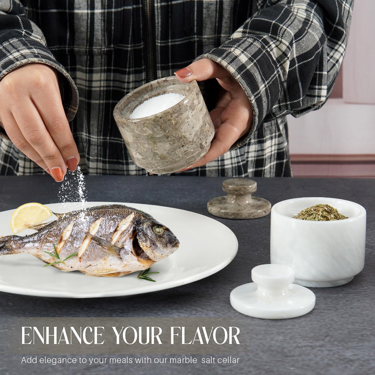 MARBLOUS KRAFTS Marble Salt Cellar with Lid 3" White and Oceanic Celtic Salt & Pepper Containers, Perfect for Home & Kitchen Countertop, Salt Dish & Sugar Bowls for Table Decor
