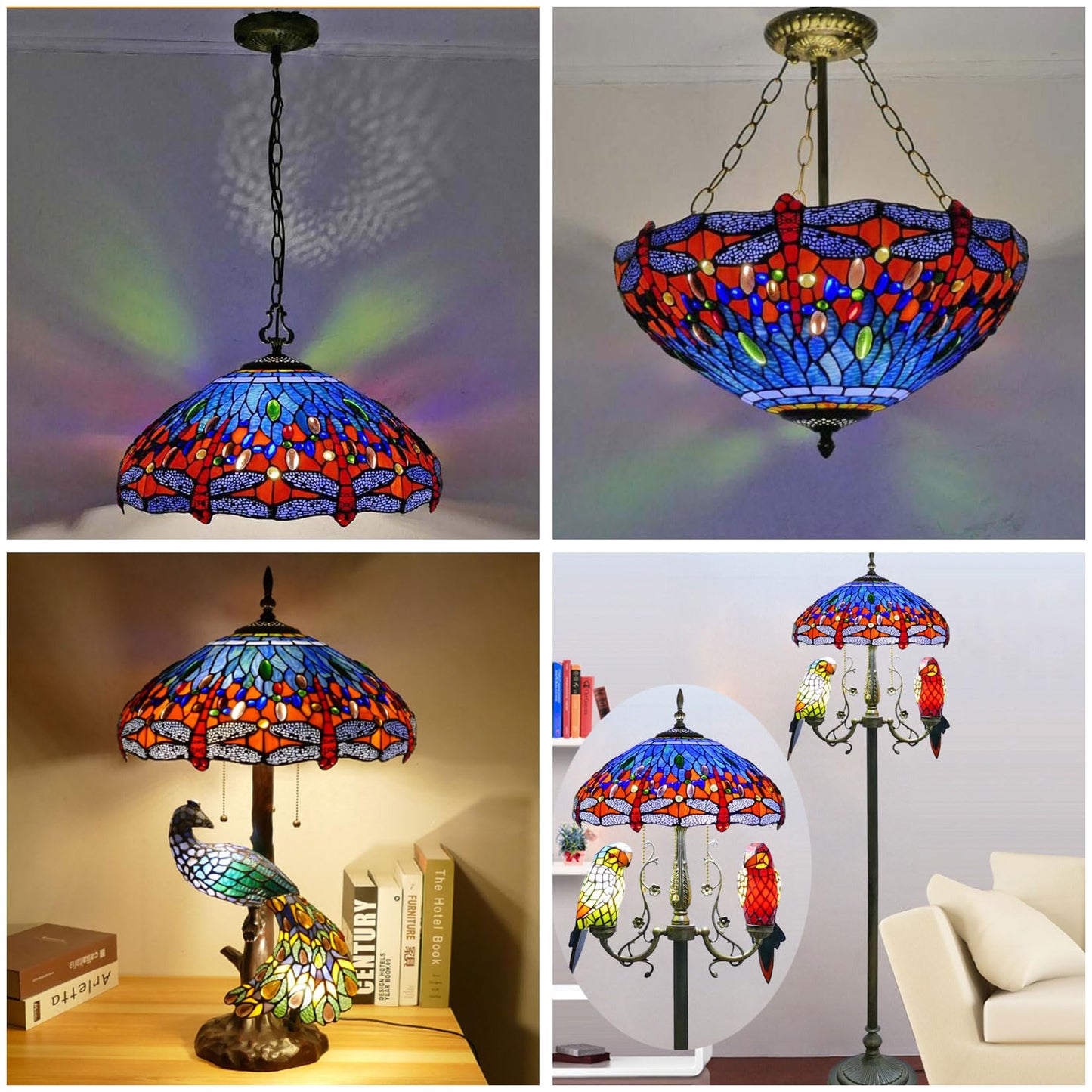 Errzom Dragonfly Lampshades Christmas Home Decor Green Blue Orange Lamp Shade Replacement Only 18 Inch Tiffany Style Stained Glass Table Lamp Pendant Light Floor Lamps Lampshade,Blue