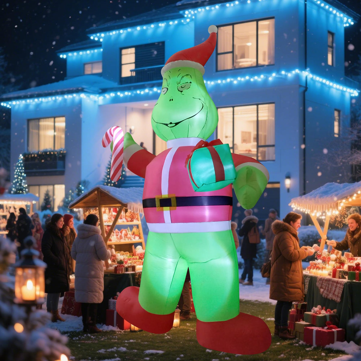 eLUUGIE 12ft Giant Christmas Inflatable Yard Decor Green Santa Monster Build-in LED Outdoor Blow up Christmas Decorations for Yard/Lawn/Garden