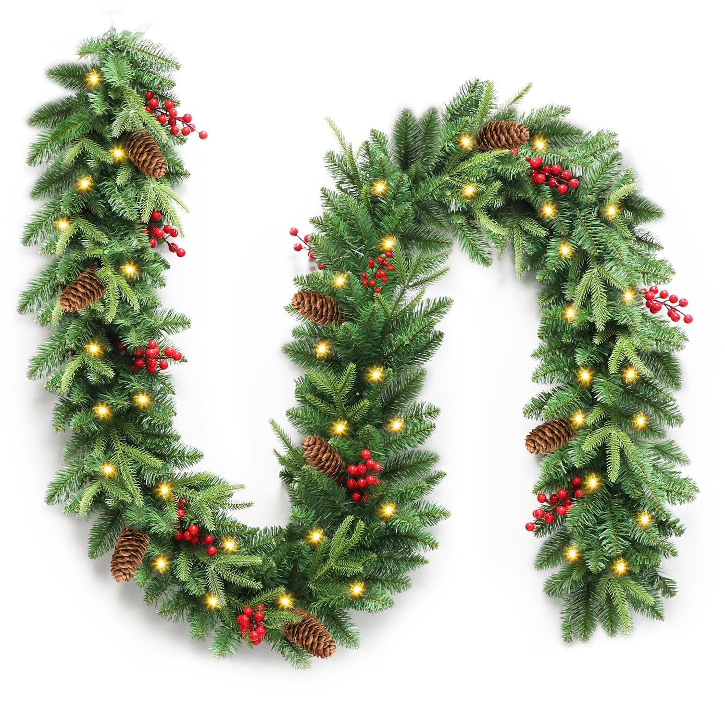 Christmas Garland, 9ft Pre-Lit Christmas Garland with Lights, Battery Operated with Pine Cones & Red Berries, Artificial Christmas Greenery for Mantle, Staircase, Doorway, Indoor Outdoor Decorations