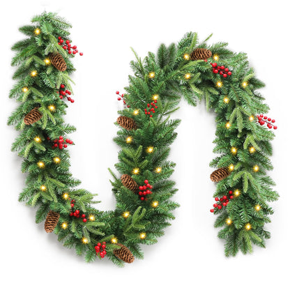 Christmas Garland, 9ft Pre-Lit Christmas Garland with Lights, Battery Operated with Pine Cones & Red Berries, Artificial Christmas Greenery for Mantle, Staircase, Doorway, Indoor Outdoor Decorations