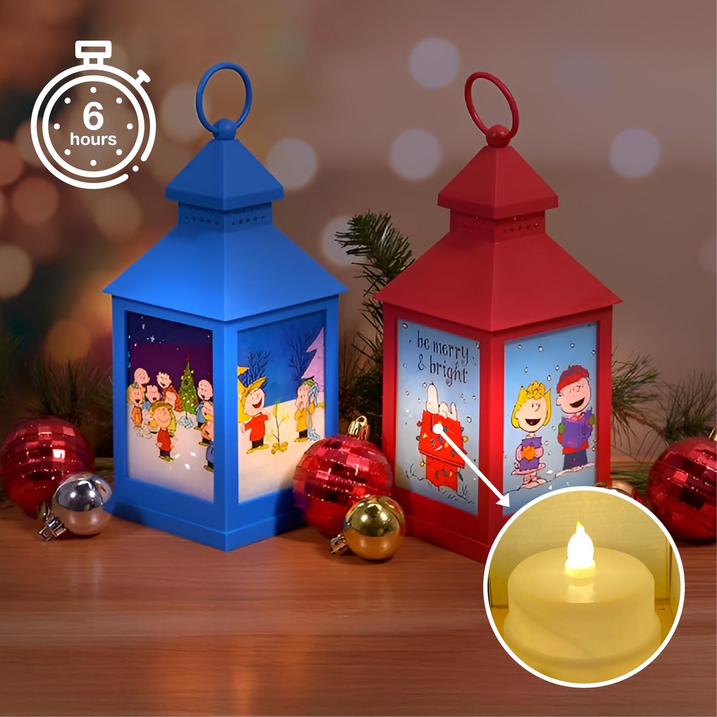 Mark Feldstein, Peanuts Christmas Holiday Flamless LED Tabletop Lanterns, Red and Blue, 9.5 Inch (Set of 2)