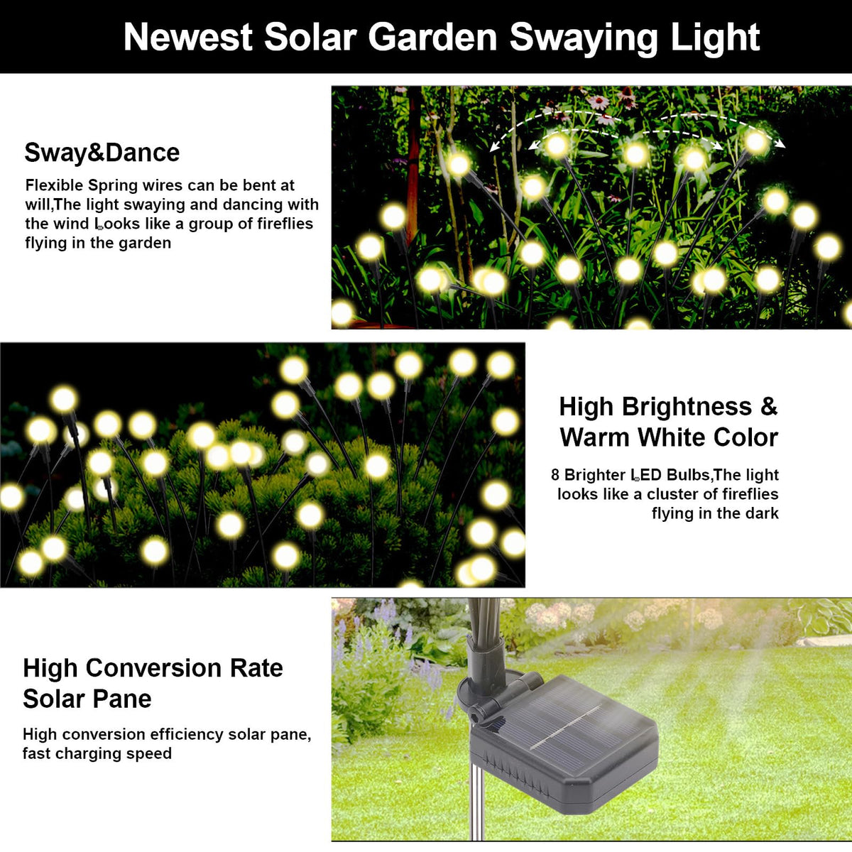 Petriveil Solar Firefly Lights Warm White, 8 Modes 800mAh Swaying Firefly Yard Lights Solar Powered Outdoor Waterproof for Outside Yard Patio Lawn Pathway Walkway Stake Christmas Garden Decor (8 Pack)