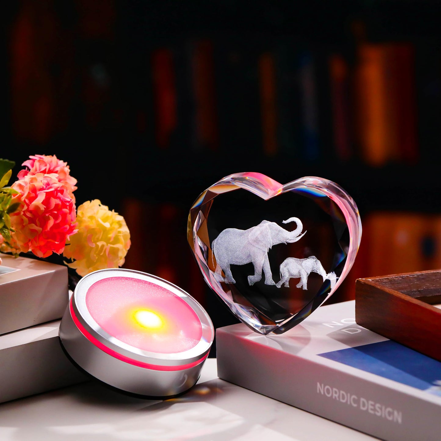 Qianwei Elephant Gifts for Women 3D Crystal Heart - Laser Elephant Decor Glass Animals Elephants Gifts Figurines Statue Stuff for Room Decorations Night Light