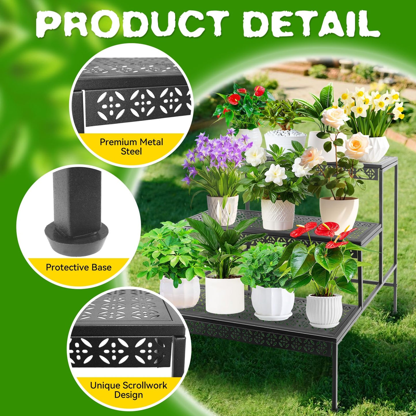 Meyoppm 3 Tier Metal Plant Stand, Ladder Flower Pot Holder Plant Stands, Tiered Plant Stand Outdoor Storage Organizer Rack for Home Garden Patio Balcony