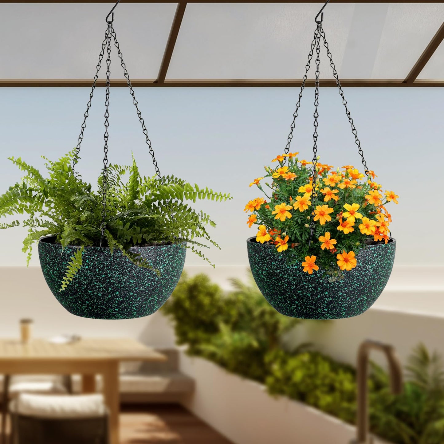 Meowell 10 inch Hanging Planters for Indoor Outdoor Plants, 2 Pack Hanging Flower Pots with Drainage Holes and Chain for Garden, Plastic Hanging Baskets for House Plants, Black with Green Speckles