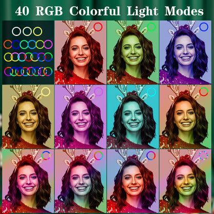 Ring Light with Tripod Stand & Phone Holder - 10 inch Selfie LED Ringlight Dimmable Desktop Lamp 40 Colors RGB Tall Circle Light for Camera Makeup Video YouTube Live Streaming Zoom Meeting