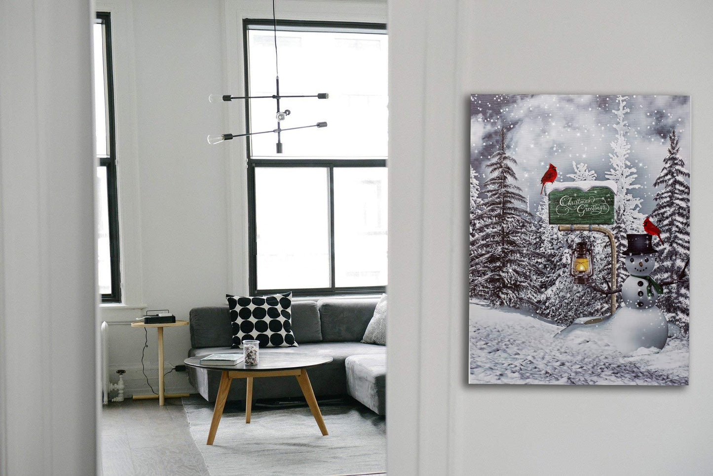 BANBERRY DESIGNS Cardinals and Snowmen Lighted Wall Art Canvas Prints - Christmas Greetings with LED Lantern - Winter Snow Scene with Pine Trees - Measures 16" H x 12" W
