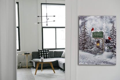 BANBERRY DESIGNS Cardinals and Snowmen Lighted Wall Art Canvas Prints - Christmas Greetings with LED Lantern - Winter Snow Scene with Pine Trees - Measures 16" H x 12" W