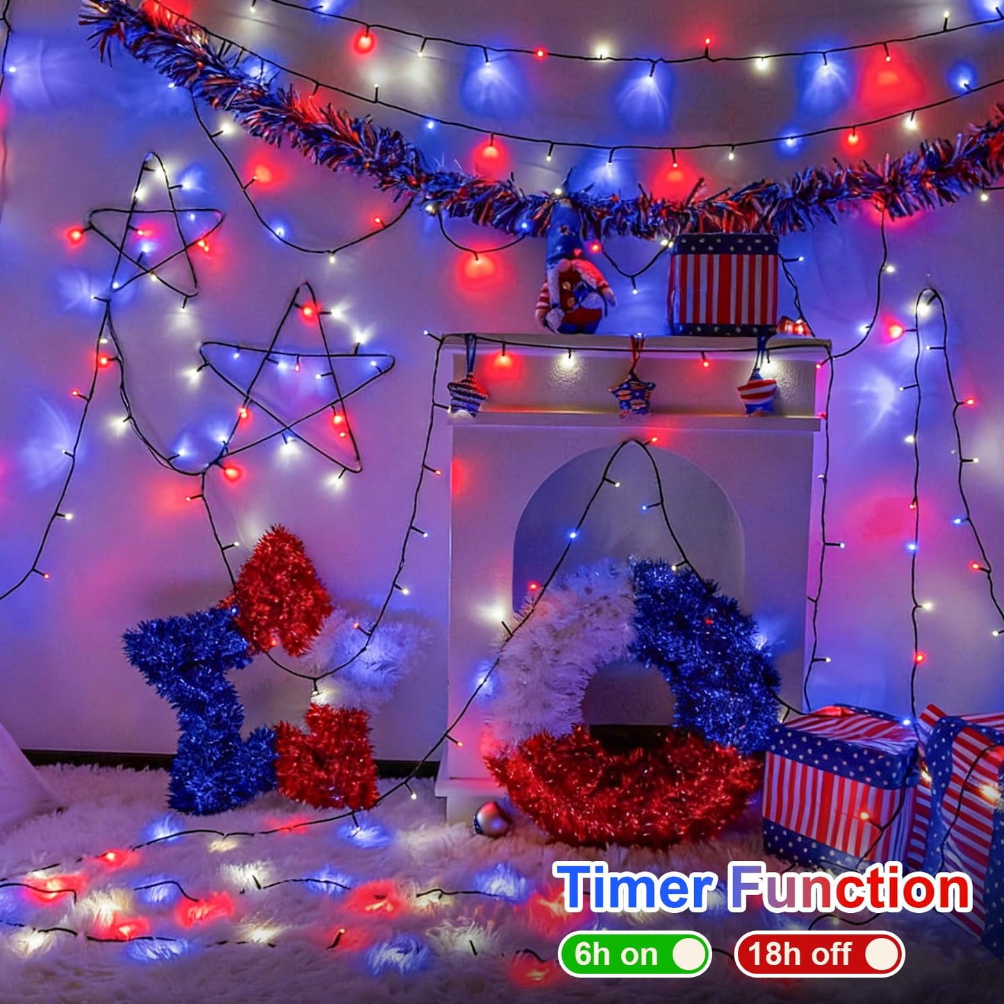 QITONG 500 LED Red White and Blue String Lights, 165ft 4th of July Decorations Lights Plug in Outdoor Indoor, 8 Modes Patriotic Light Green Wire for Independence Memorial Day Décor