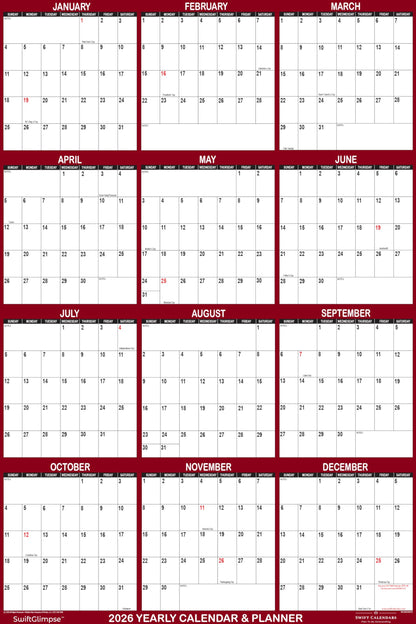 24" x 36" SwiftGlimpse 2026 Wall Calendar Erasable Large Wet & Dry Erase Laminated 12 Month Annual Yearly Wall Planner, Reversible, Horizontal/Vertical, Maroon