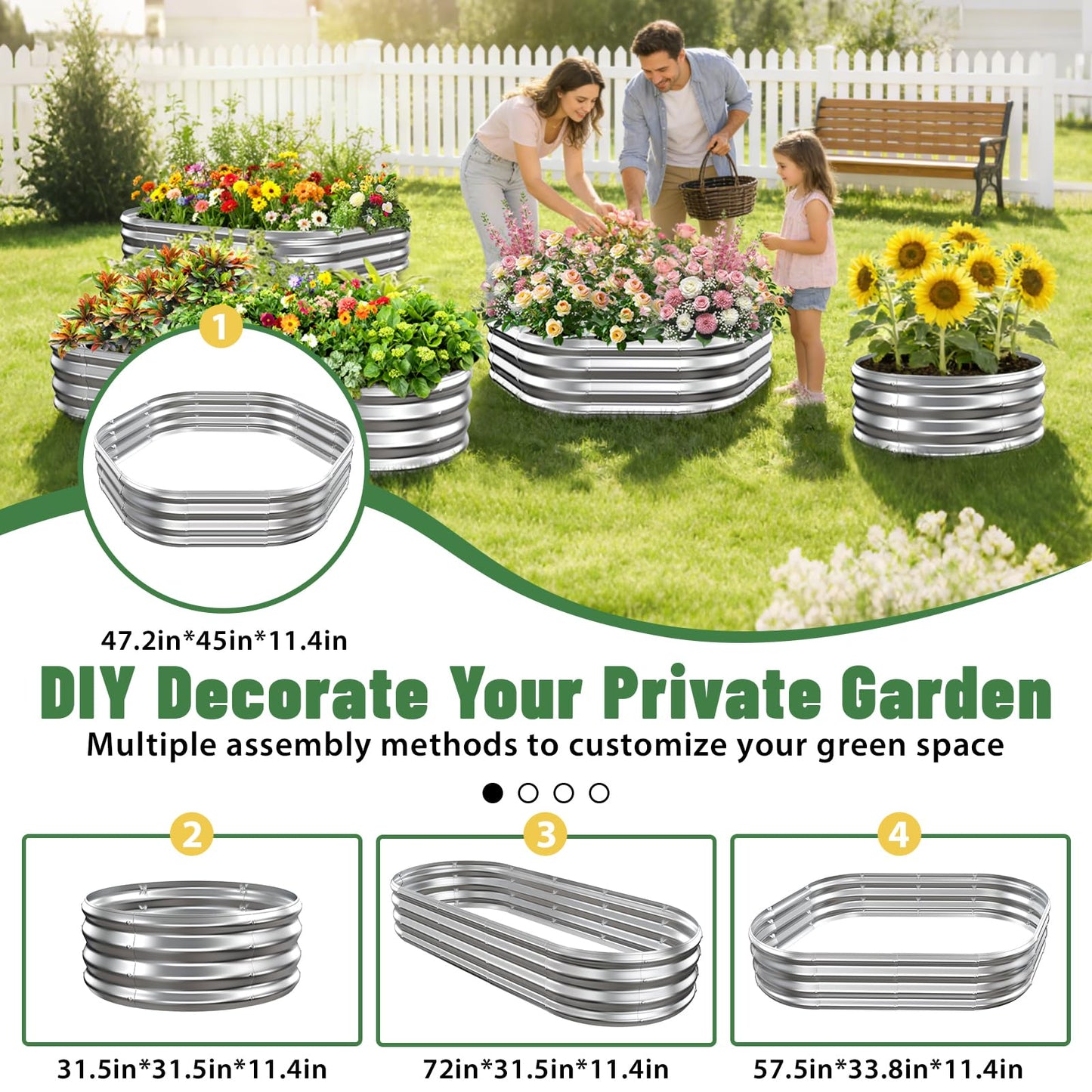 VAMFUTRE Hexagon Raised Garden Bed, 48 Inch Diagonal & 12 Inch Tall, Galvanized Steel Planter Box with Wave-Shaped Metal Panels for Outdoor Flower,Tree,Herb & Vegetable Garden (Silver, 4FT X 1FT)