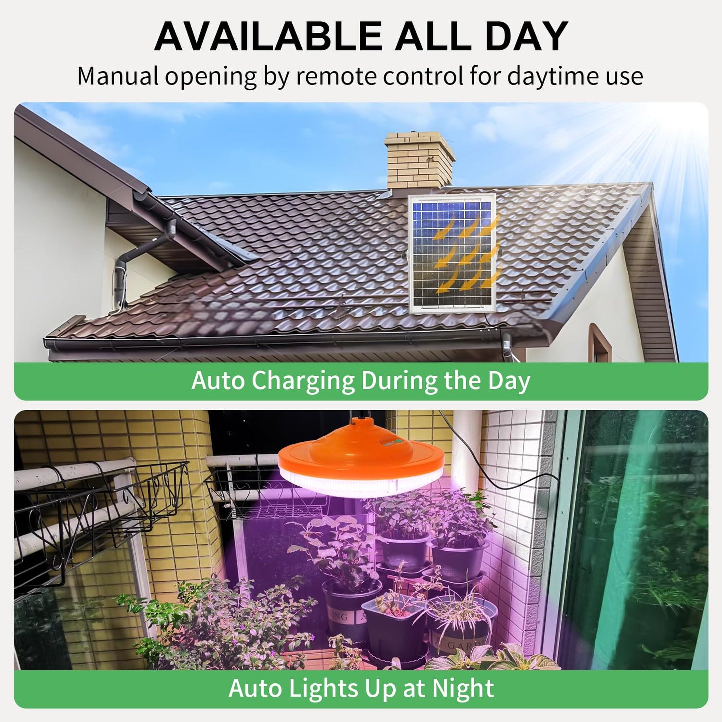 Ladate 96 LED Solar Grow Lights Battery Powered, Full Spectrum Hanging Grow Light for Indoor Outdoor Plants with Timer, Solar Plant Lamp for Greenhouse with Remote Control, 2 Charging Way, 16.6FT Cord