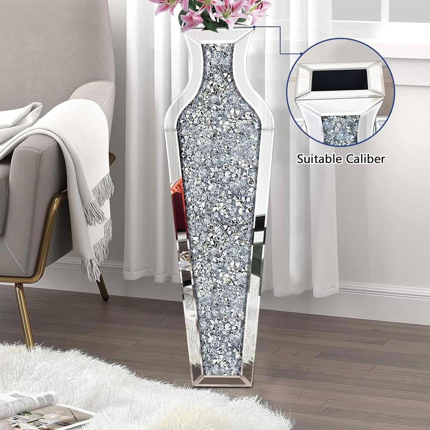 GA Home 27" Tall Crushed Diamond Floor Vase, Silver Large Vases for Decor Living Room, Crystal Mirrored Home Decor Vases for Dried Flower