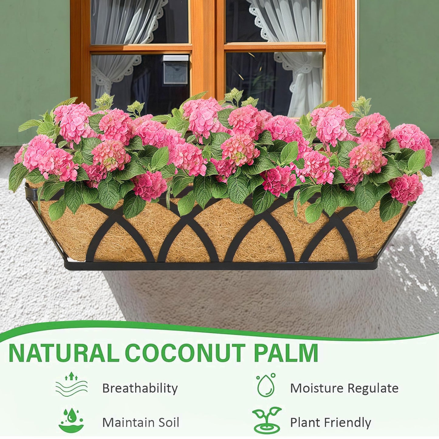 XXFBJNMD 2 Pack 24 Inch Window Box Deck Railing Planter with Coco Liner Fence Balcony Patio Long Window Flower Box Deck Railings Hanging Horse Trough Balcony Garden Rail for Outdoor Garden Fence Lawn