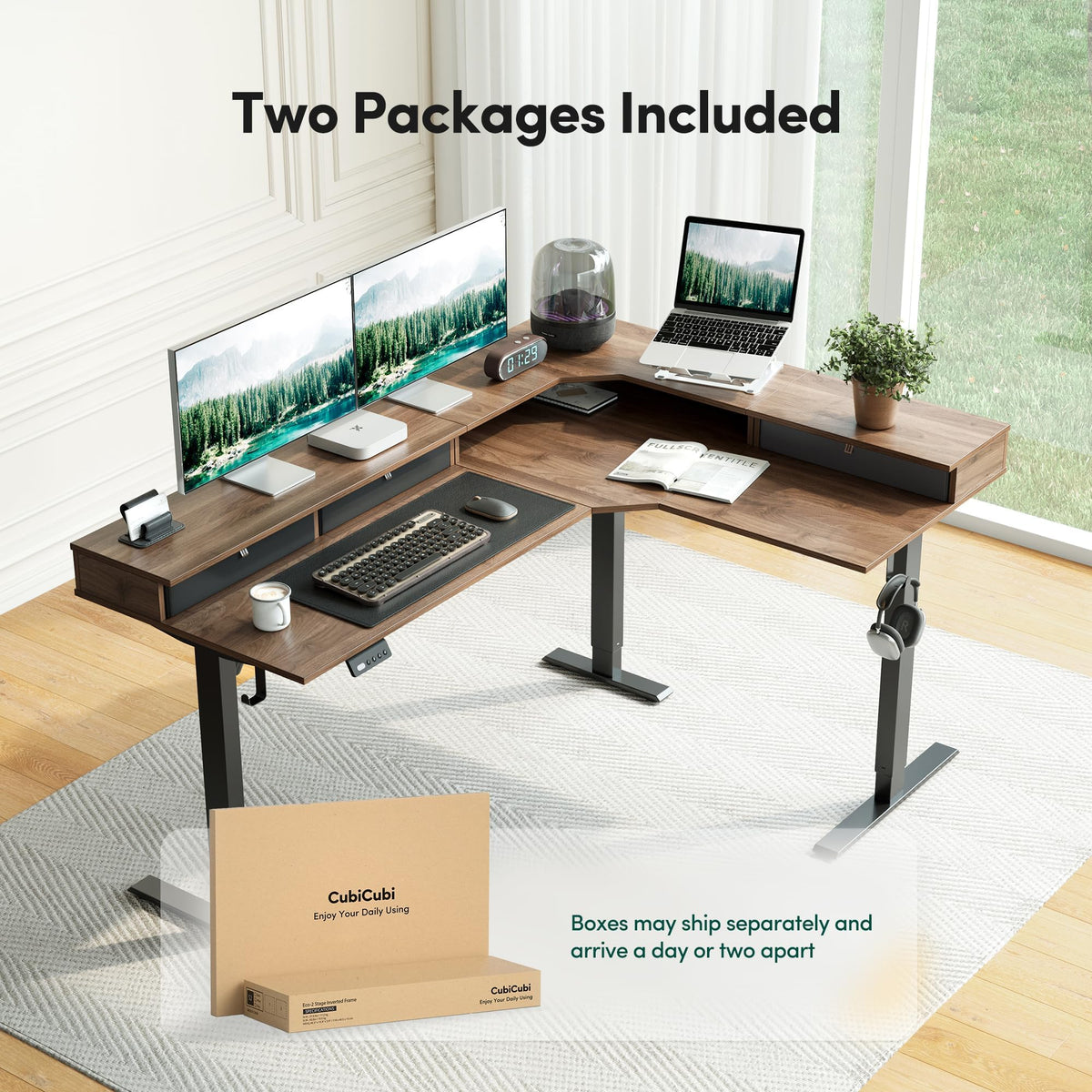 CubiCubi 63x48 Inches L Shaped Standing Desk with 3 Drawers and Monitor Shelf, Height Adjustable Corner Computer Desk with Hooks, Sit Stand Up Ergonomic Home Office Workstation Table, Deep Walnut