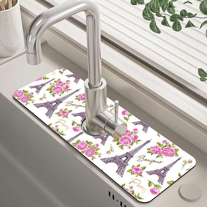 Romantic Eiffel Tower Roses Kitchen Sink Splash Guard Mat Absorbent Fast Drying