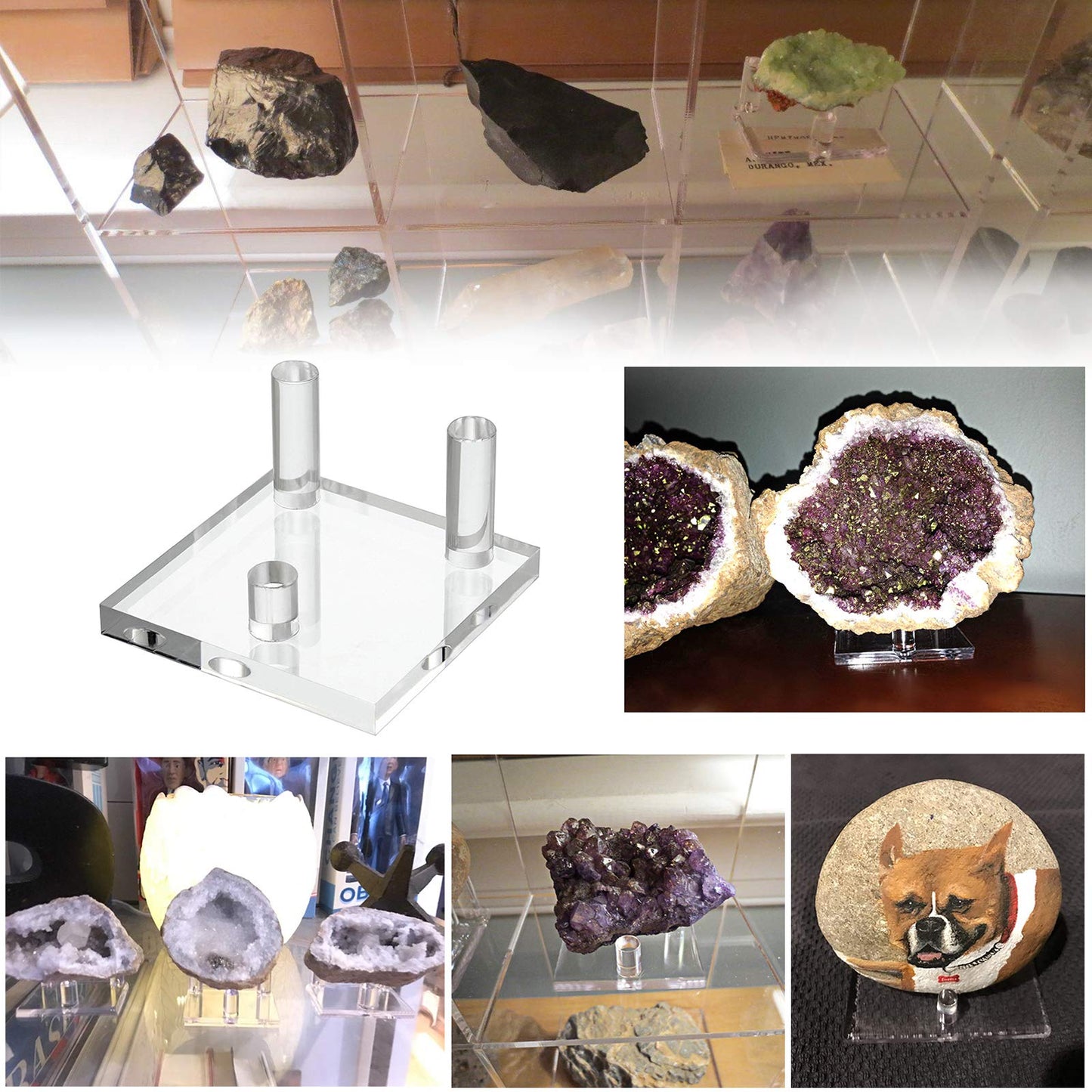 Hipiwe Clear Acrylic Display Stand - Three-Peg Display Easel Stands for Fossil Coral Geodes Rock Mineral Agate Small Collectibles, Set of 4