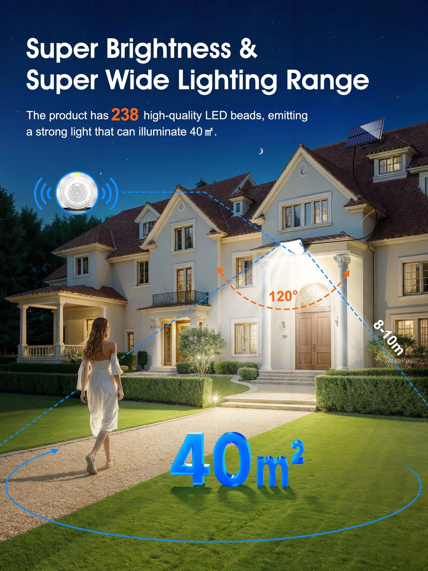 PIKOY Solar Lights Outdoor Lights, [238LED+3 Mode+Remote] Solar Security Lights Outdoor Motion Sensor 270°,IP65 2200mAh Outdoor Wall Lights