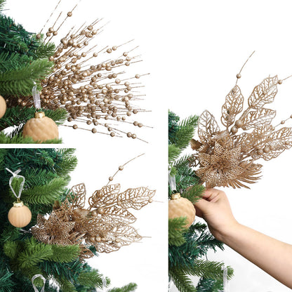 24 Pack Christmas Tree Ornaments - Artificial Flowers Glitter Berry Stems Christmas Floral Picks Branches for Xmas Tree Decorations Vase Filler Holiday Wedding Party Home Decor (Champagne)