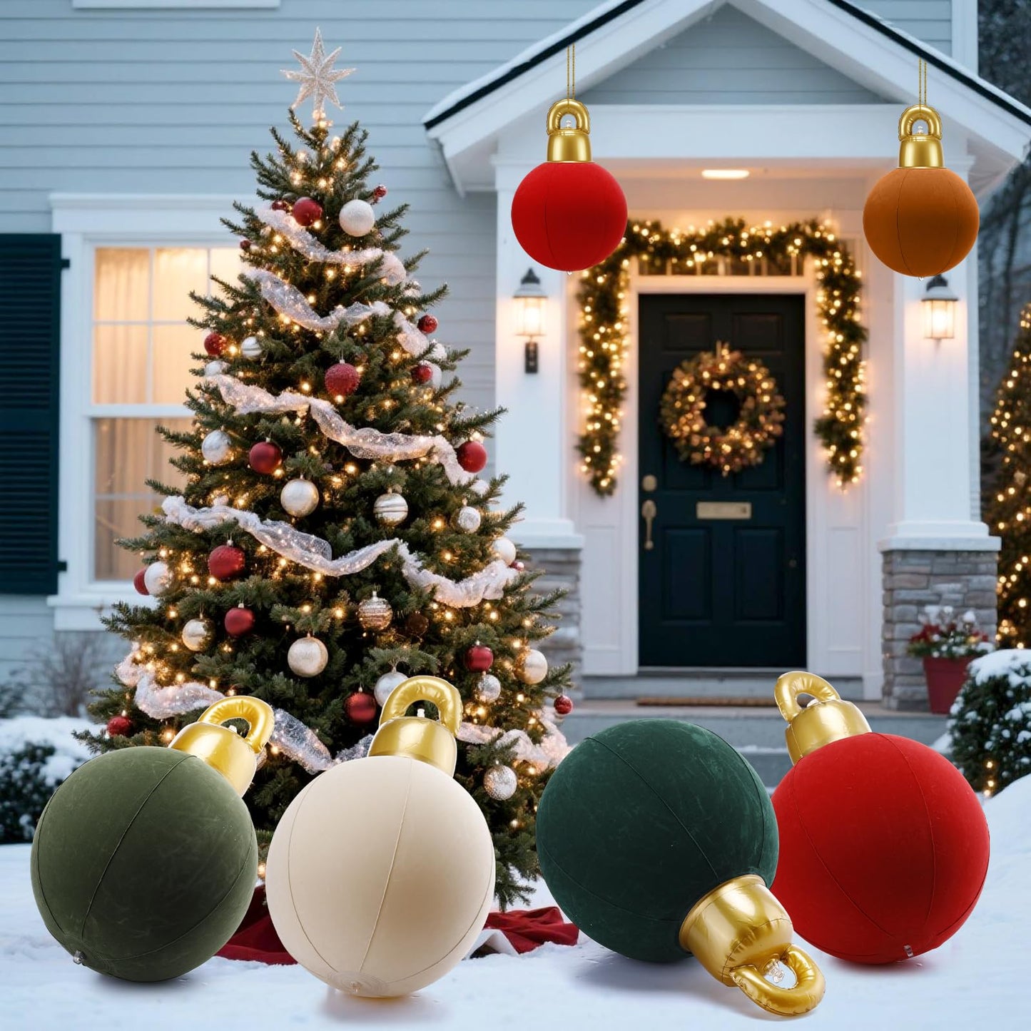 Jetec 8 Pcs Velvet Christmas Inflatable Ball Giant PVC Inflatable Flocked Christmas Balls Ornament Large Xmas Outdoor Decorations for Yard Lawn Porch Garden Front Door Window(12 Inch,Red, Green)