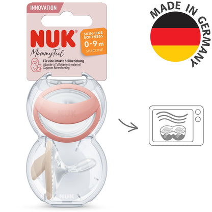 NUK MommyFeel Baby Dummy | 0-9 Months | Breastfeeding Friendly Soothers | BPA-Free Silicone | Blush & Sandstone | 2 Count