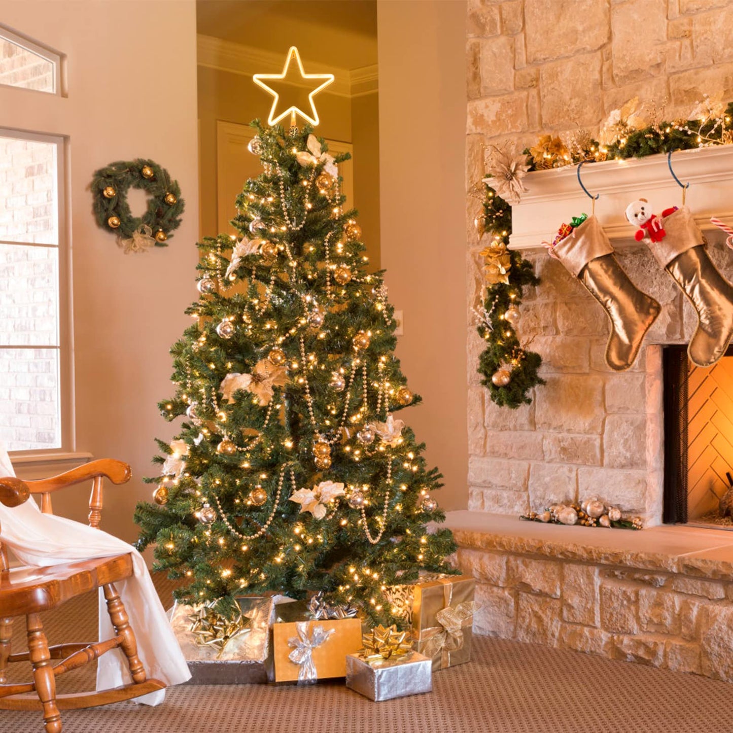 KOUPA 14.5-Inch Christmas Tree Topper Large 5 Point Star Treetop with LED Warm White Lights for Xmas Ornaments and Holiday Seasonal Tree Decorations