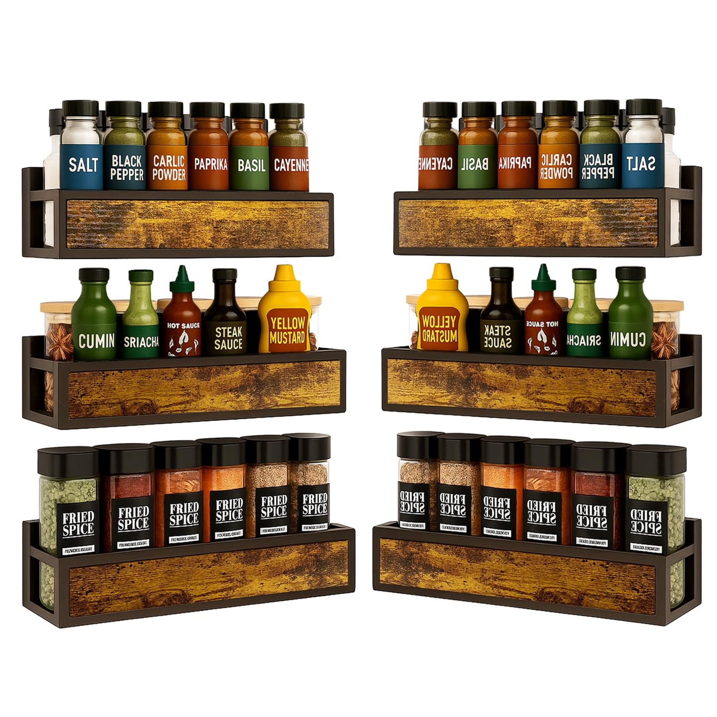ROURANB Spice Rack Wall Mount for Large Spice Jars, 6 Pack Ironwood Spice Organizer shelf for Rustic, Industrial and Modern Kitchens,Quick Adhesive Strips and Screws for Mounting (Engineered Wood)
