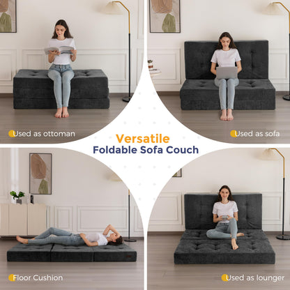 MAXYOYO 6" Folding Sofa Bed for Floor, Tufted Tri-Fold Floor Couch Bed with Chenille Fabric, Twin Size Portable Sofa Couch Guest Mat for Adults, Foldable Topper for Camping, Dark Grey, 35.4"x75"