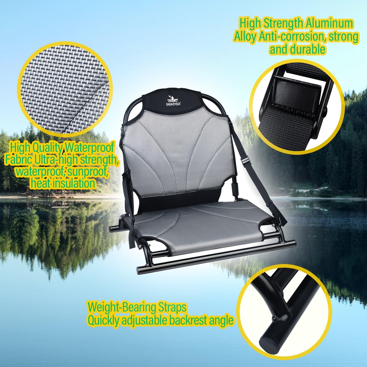 Islafeliz Aluminum Frame Kayak Seat Replacement – Breathable Mesh Stadium Chair for Sit-On-Top Fishing Kayaks & Canoes – High Back Support & Adjustable Straps