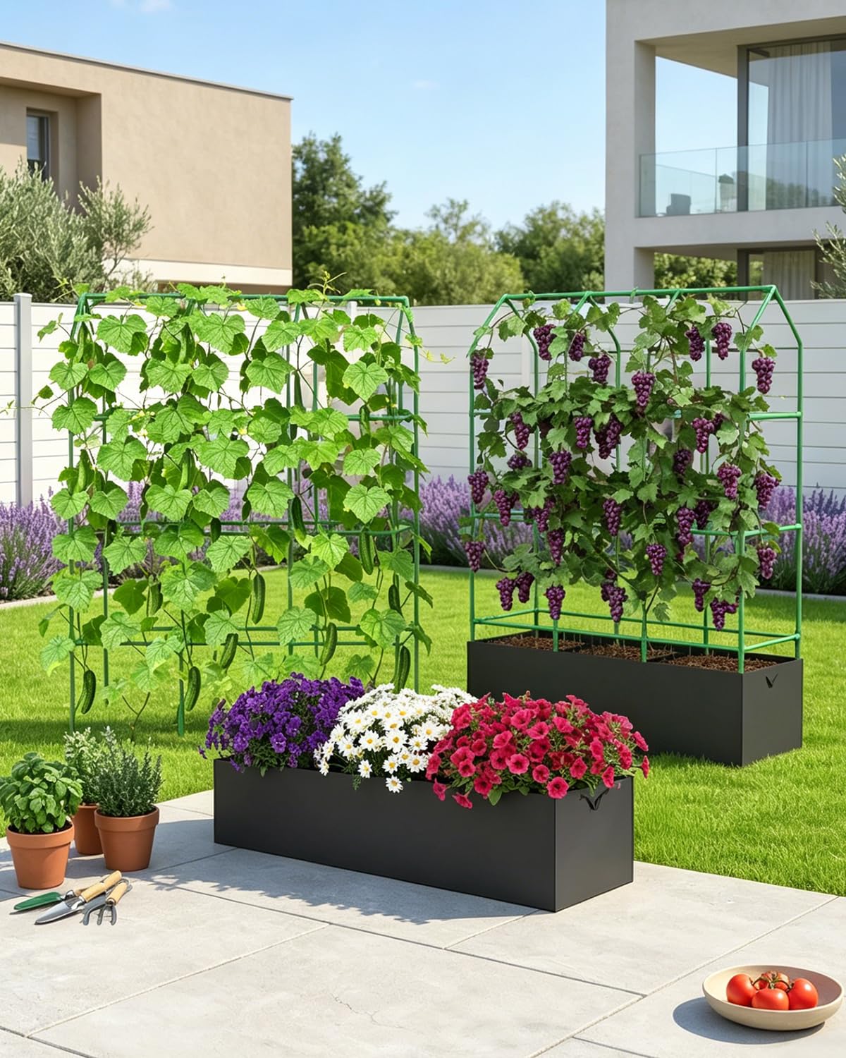 65" Cucumber Planter with Trellis for Climbing Plants Outdoor, Metal Garden Trellis for Raised Bed, Plant Support Structures with Netting for Cucumbers Tomatoes Beans Peas (50 * 17 * 65inch(L*W*H)