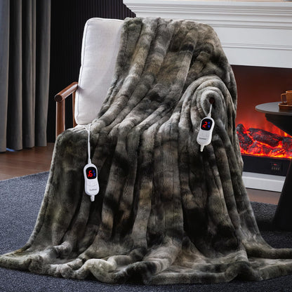 Guohaoi Heated Blanket Electric Throw, Soft Faux Rabbit Fur Electric Blanket with 10 Heating Levels 5 Sitting Timer Auto Off, Cozy Warm Heating Blankets, Machine Washable(50"×60" Beige)