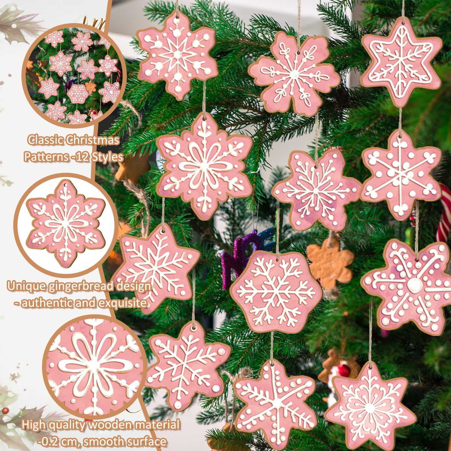 Quzzil 36 Pcs Christmas Gingerbread Ornaments for Tree Mini Snowflake Wooden Hanging Winter Xmas Ornaments with Ropes for Christmas Party Holiday Winter Crafts(Pink,36 Pcs,Snowflake)