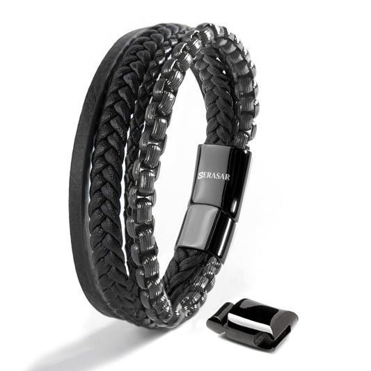 SERASAR Mens Original Leather Bracelet 20cm Black Men Gift Box Genuine Braided Adjust Able Magnetic Clasp Multi Layer Wrap Rope Man Mans Bracelets Jewelry Magnet Accessories
