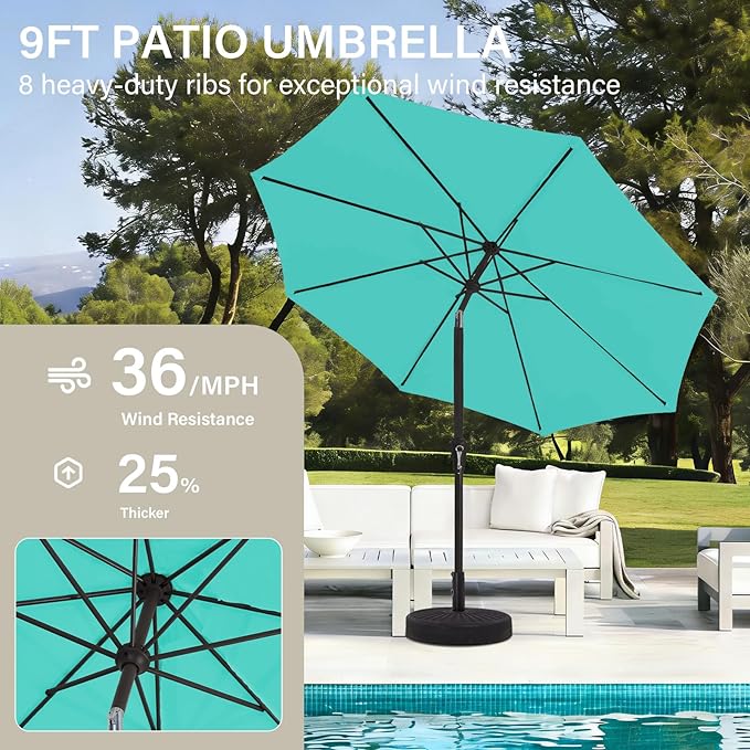 MEWAY 9ft Patio Umbrella Outdoor Table Umbrellas with Push Button Tilt and Crank, Market Umbrella 8 Sturdy Ribs for Deck, Garden, Pool and Backyard, Turquoise