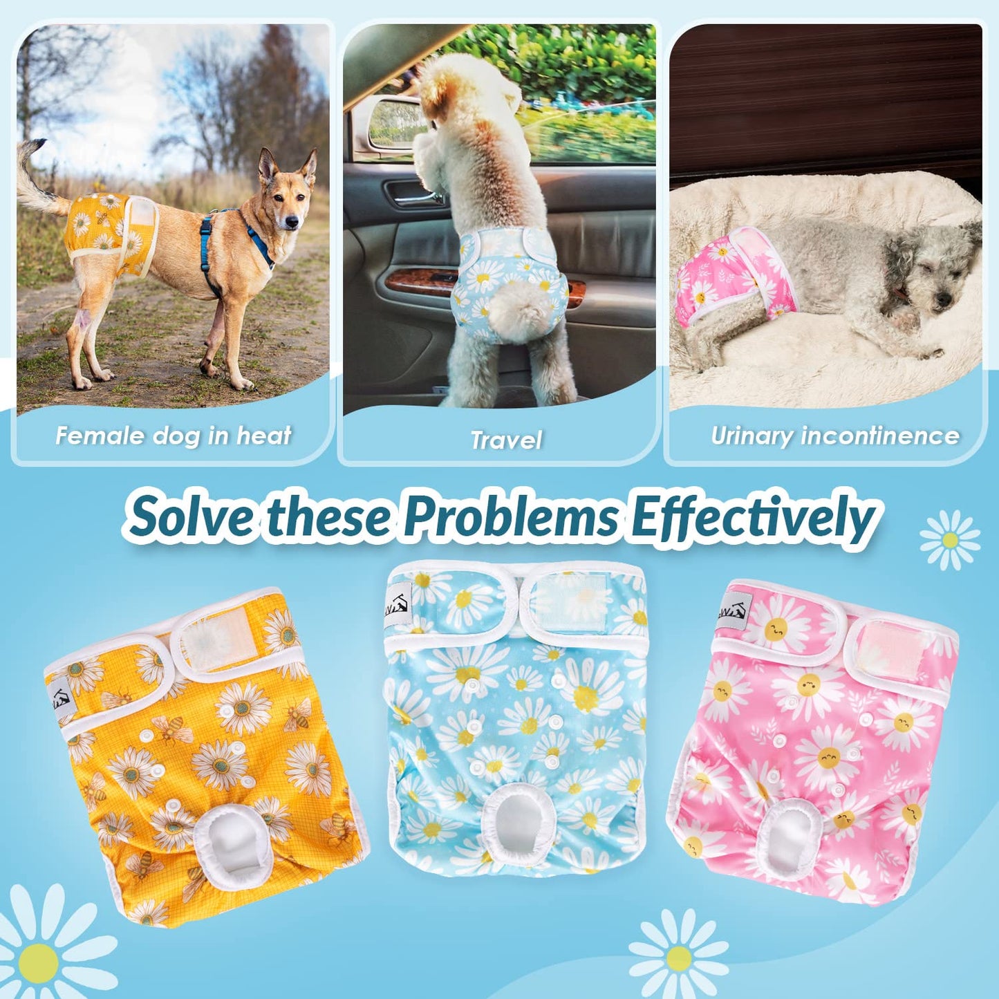 SlowTon Reusable Dog Nappies Female, 3 Pack No Leak Washable Dog Period Pants Super Absorbent Dog Heat Pants Comfortable Sanitary Dog Diapers Adjustable Buttons